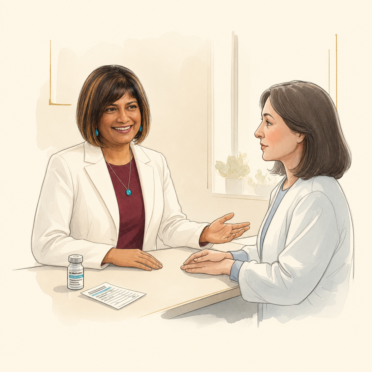 Doctor speaking calmly with an adult patient at a clinic desk, with a small vaccine vial and vaccine record card