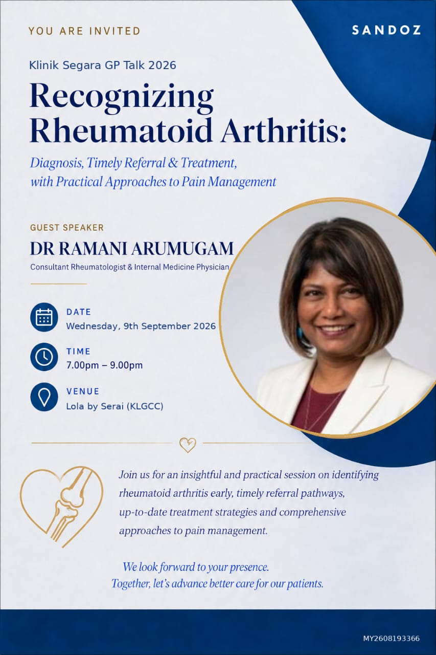 Invitation poster for the Klinik Segara GP Talk 2026 on recognizing rheumatoid arthritis, with Dr Ramani Arumugam as guest speaker