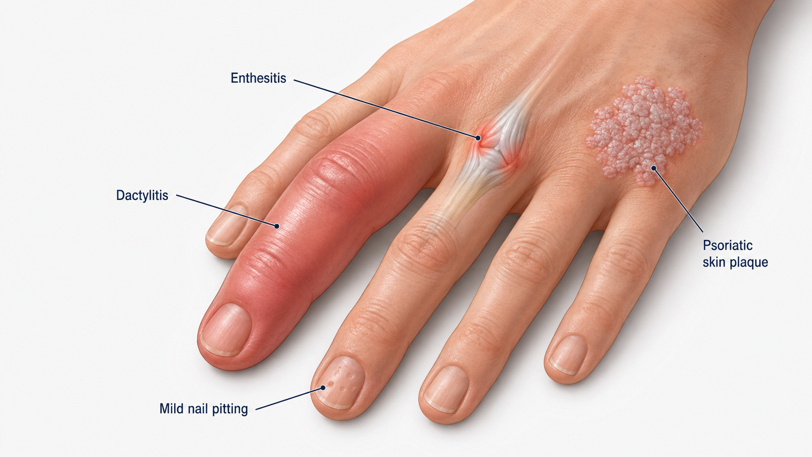 Illustration of a hand with dactylitis of one finger, enthesitis at the knuckle, mild nail pitting and a psoriatic skin plaque