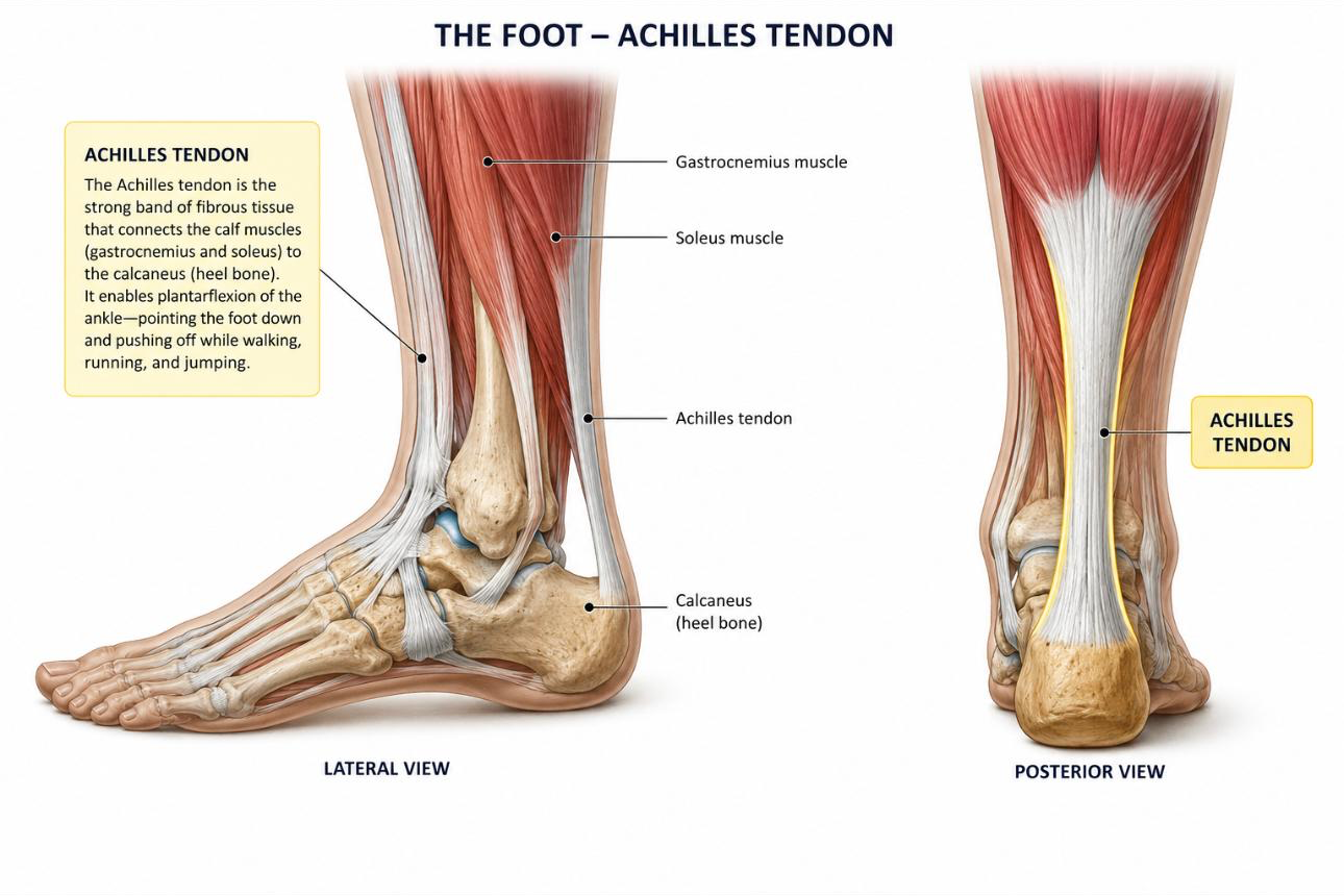 Anatomical illustration of the lower leg, ankle and Achilles tendon